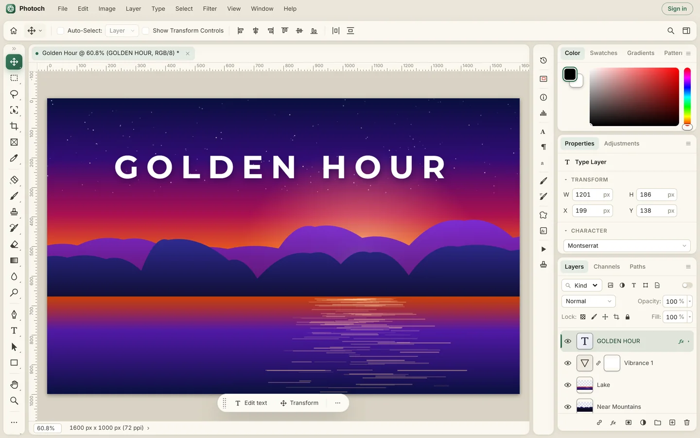 Photoch's editor: menus at the top, the toolbar on the left and the Layers, Properties and Adjustments panels on the right