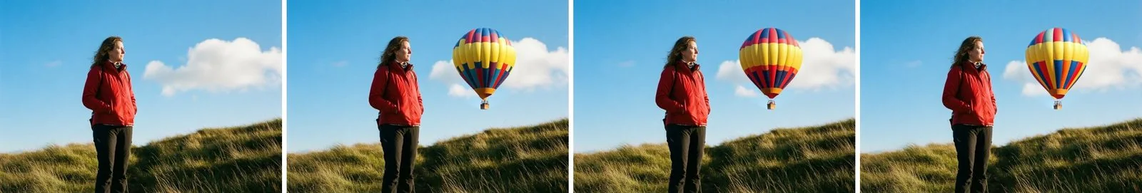 A photo of a woman on a hill, followed by three variations that add a hot air balloon to the sky