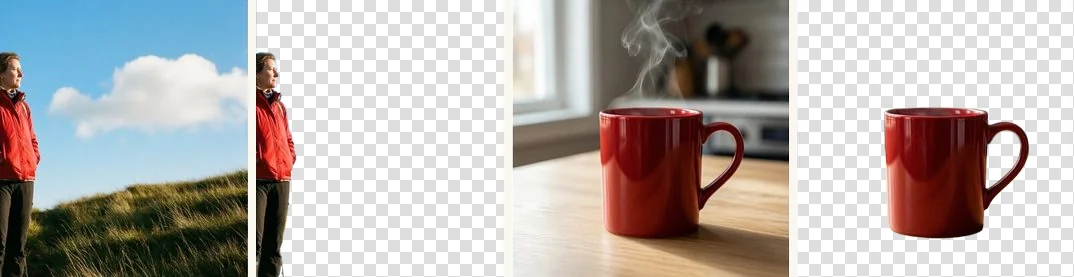 Two before and after examples: a woman on a grassy hill and a red mug on a kitchen counter, each cut out onto a transparent background