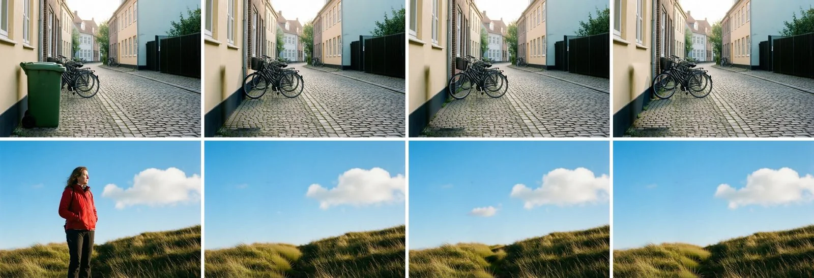 Two rows of before and after photos: a green bin removed from a cobbled street, and a woman removed from a grassy hill, each with three variations