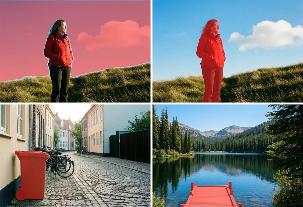 AI selections of the sky, a person, a bin and a jetty shown in red